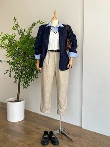 SHEIN LUNE 秋冬大码时尚通勤条纹西装外套 - 藏蓝色 - 查看 4