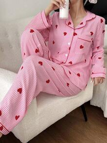 SHEIN 2件套粉色条纹爱心印花翻领长袖上衣和裤子睡衣套装，秋冬服装 - 紅色 - 查看 5