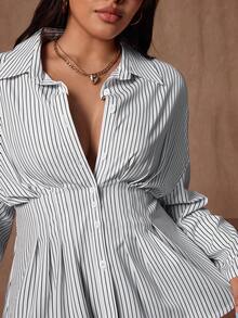 Rustia Plus Size Women's Autumn/Winter Striped Ruffle Long Sleeve Cinched Waist Button-Front A-Line Shirt Dress