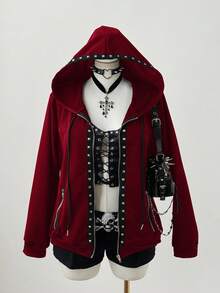 Sunspun Plus Size Fashionable Dark Punk Style Rivet Decor Hooded Long Sleeve Sweatshirt Jacket - Burgundy - View 1