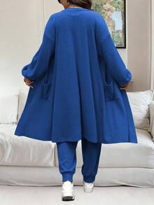 Vionelle 加大码纯色无袖连体裤和长袖开衫两件套 - 藍色 - 查看 2