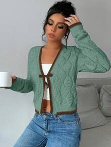 Selianne French Casual Versatile Diamond Textured Long Sleeve Pullover Knit - Green - View 4