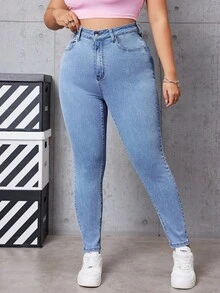 SHEIN EZwear Plus Size Casual Slim-Fit Washed Denim Pants - Medium Wash - View 3