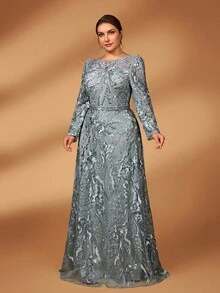 Serin Plus Size Elegant Luxury Gray Boat Neck Sheer Long Sleeve Heavily Embroidered Pearl & Rhinestone Decorated A-Line Mother Of The Bride Dress