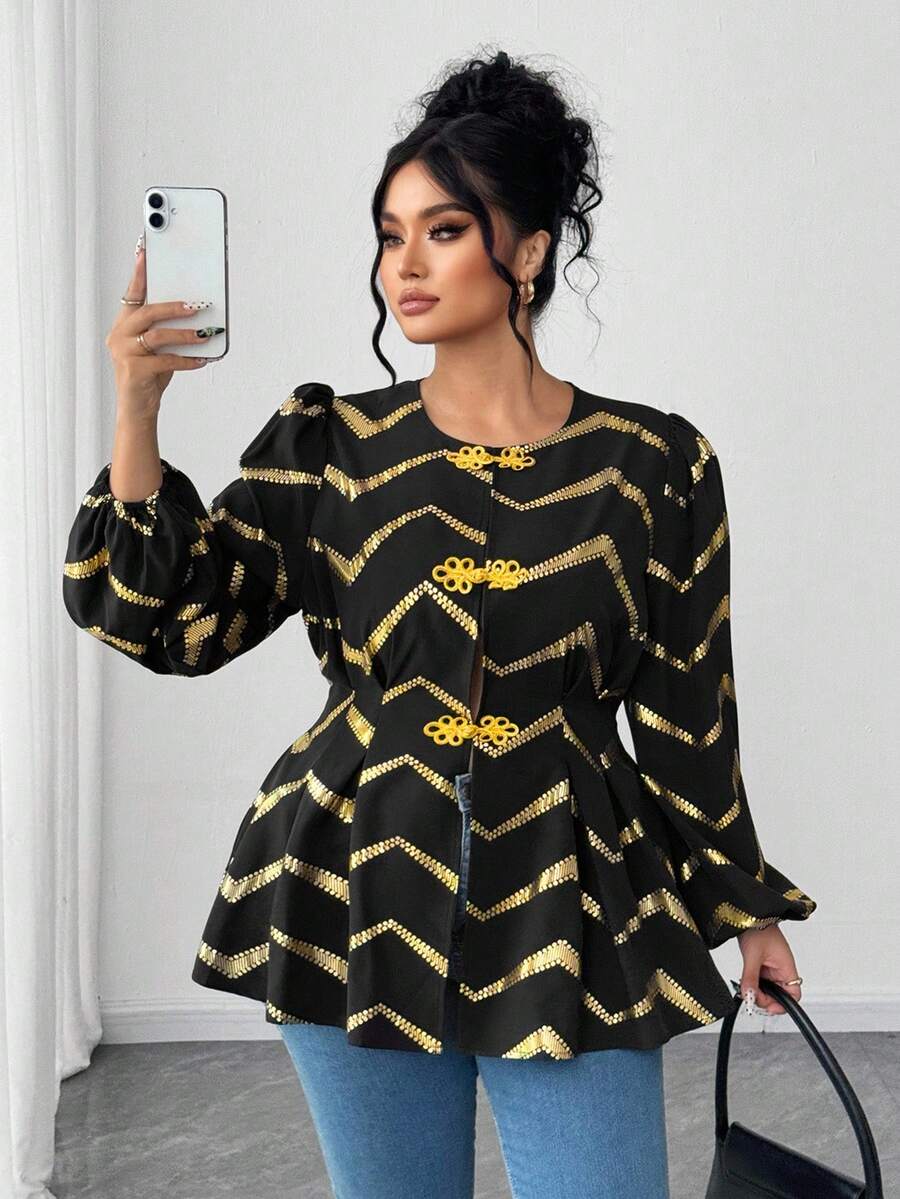 Elenzga Christmas Plus Size Black And Gold Autumn Round Neck Gold Foil ...