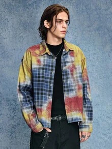 ROMWE MEN Grunge Punk 男士休闲拼布格子纽扣牛仔衬衫，秋季 - 藍色 - 查看 4