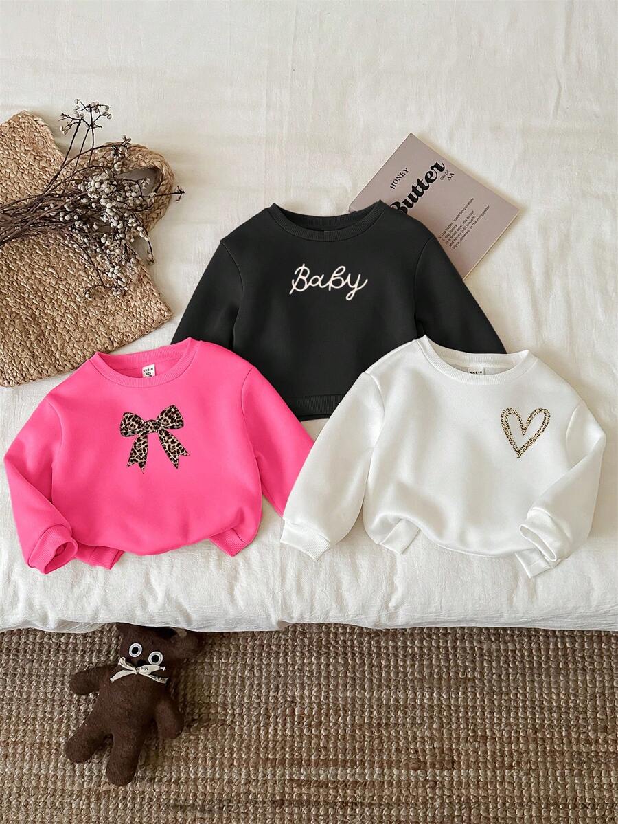 SHEIN 3 件套女婴豹纹保暖长袖卫衣套装，适合秋冬季 - 彩色 - 查看 1