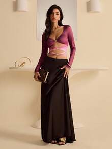 Bluhae Women's Digital Print Ombre Long Sleeve Hollow Metal Buckle Cropped Fitted Stylish Sexy T-Shirt, Spring/Autumn - Multicolor - View 7