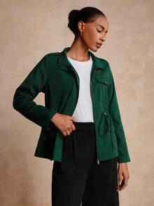EMERY ROSE Women's Solid Color Zip-Up Fitted Jacket - Dark Green - View 4