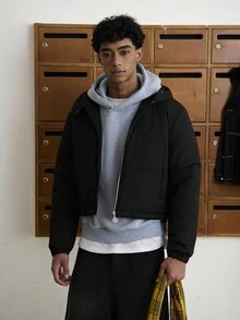 TOKVUE Áo khoác nam màu trơn đơn giản, có mũ trùm đầu, đi làm hàng ngày, mùa đông - màu đen - Xem 4