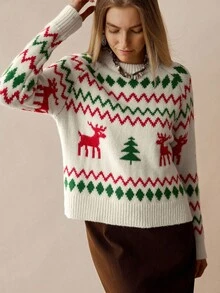 Florisole Women's Casual Raglan Sleeve Christmas Tree Pattern Sweater, Autumn/Winter - Apricot - View 3