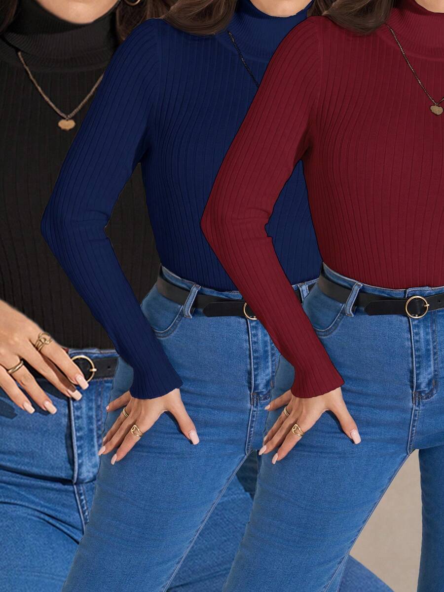 SHEIN LUNE Bộ 3 món dành cho nữ ngoại cỡ: Áo len chui đầu cổ lọ màu trơn đơn giản, dáng ôm, thích hợp mặc đi làm hàng ngày, Thu/Đông - Nhiều màu - Xem 1