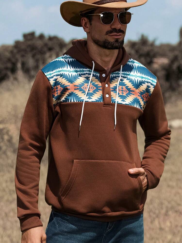 Manfinity Nomadique 男士秋季几何印花长袖口袋设计休闲抽绳连帽衫（不对称印花） - 彩色 - 查看 4