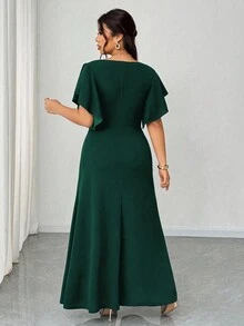 Elenzga 大码优雅浪漫荷叶袖V领修身鱼尾裙摆鸡尾酒会婚礼宾客礼服，春秋季 - 墨綠色 - 查看 2