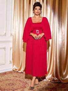 Cravure Christmas Ruffle Sleeve Pleated Flare Dress - Red - View 3