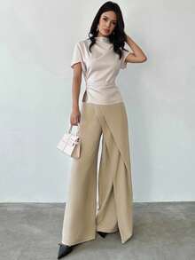 Firerie Pantalones cortos con falda de talle alto, elegantes y versátiles, de pierna ancha y suelta, en colores café y caqui, adecuados para ir a la oficina, viajar en avión, otoño/invierno y uso casual