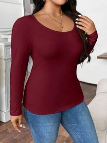 Elenzga T-shirt décontracté ajusté à manches longues et col rond, couleur unie, grande taille pour femmes - Rouge foncé - Voir 6
