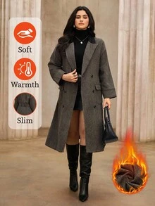 Roveilla 大码女式新款长款撞色拼接翻领羊毛大衣外套，优雅时尚外套 - 棕色 - 查看 3