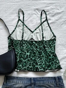 Chiquease Women's Sexy Leopard Print Patchwork Ruffle Trim Fashion Camisole - Green - View 2