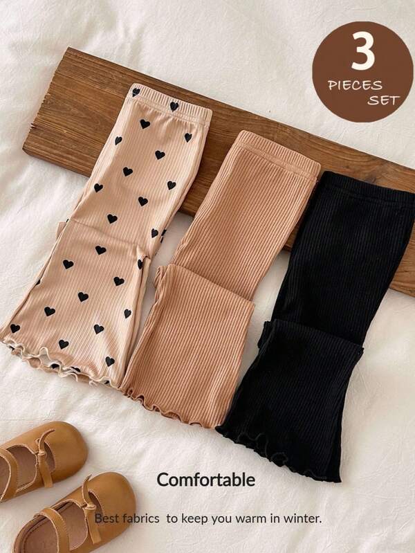 LMoss Kids LMoss  3pcs Baby Girl Knitted Solid Color Heart Pattern Bodysuit & Flare Pants Set,Styles Confortables D'automne&Hiver,Gemütliche Herbst- & Winterstile,Cozy Fall & Winter Styles