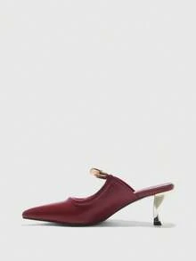 CUCCOO BIZCHIC 女士尖头细高跟鞋，优雅通勤工作办公室正式场合鞋，勃艮第酒红色 PU 皮革穆勒鞋，带金属新月形扣装饰 - 酒紅色 - 查看 9