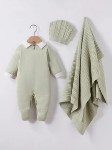 Macacão de Tricô com Gola Alta de Manga Longa para Bebês Meninos, com Pé, Confortável para Recém-Nascidos, Adequado para Uso Diário, Interno e Externo, Cinza e Cinza Escuro, Outono/Inverno