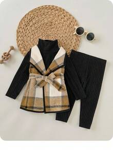 SHEIN 5 件套女婴都市时尚格子夹克、打底上衣和裤子套装，适合休闲、派对、节日、圣诞节