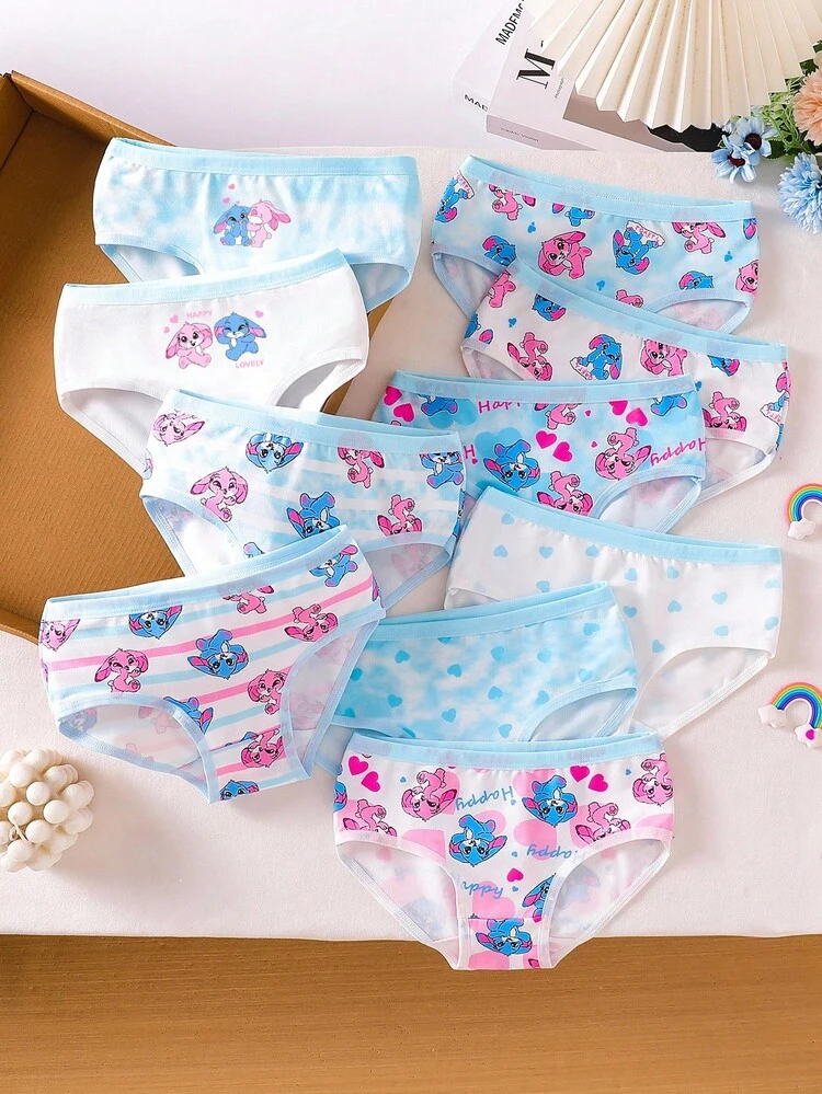 SHEIN 10 Peças/Conjunto Calcinha Fofa de Menina com Estampa de Animal Cartoon, Design de Coelho Colorido, Verão - Azul bebê - Visão 1