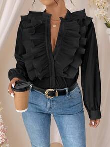 Rometta Áo cánh xếp ly thời trang tay dài màu trơn cỡ lớn cho nữ - màu đen - Xem 1