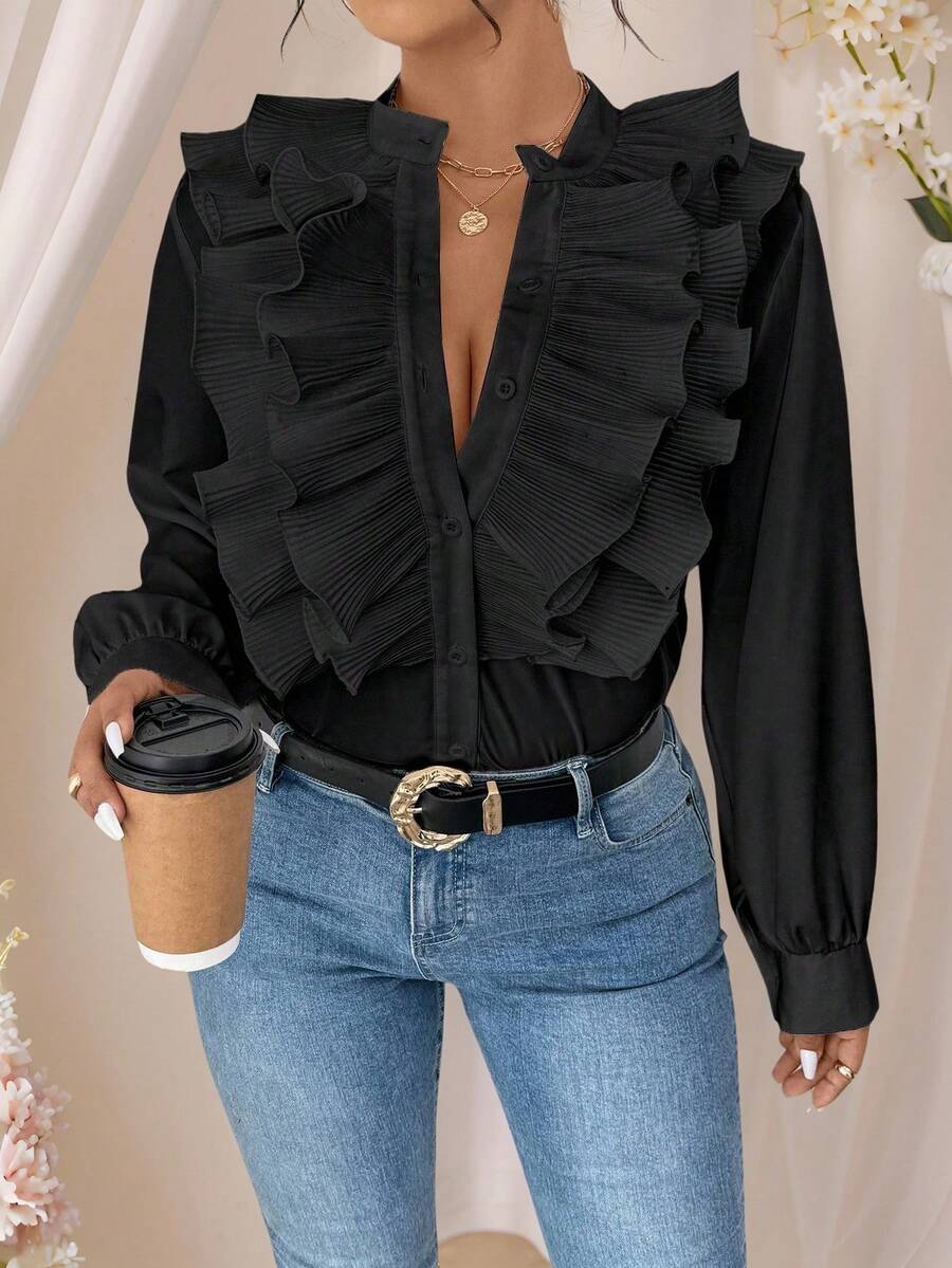 Rometta Áo cánh xếp ly thời trang tay dài màu trơn cỡ lớn cho nữ - màu đen - Xem 1