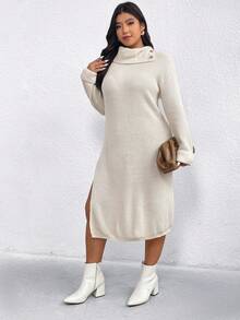 EMERY ROSE Vestido de punto casual con abertura lateral para mujer de talla grande y unicolor - Albaricoque - Ver 3