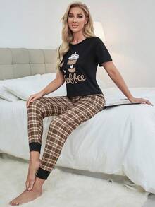Letter Graphic Print Top And Plaid Trousers PJ Set - Multicolor - View 5