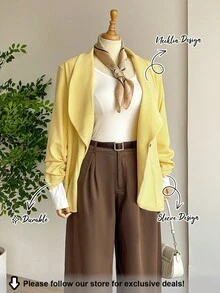 SHEIN LUNE 大码女士休闲纯色披肩领单扣西装外套，秋冬季适合女性日常穿着，优雅时尚，尽显职场女性魅力。这款外套舒适保暖，适合圣诞节、新年、感恩节、派对等各种场合。 - 黃色 - 查看 1