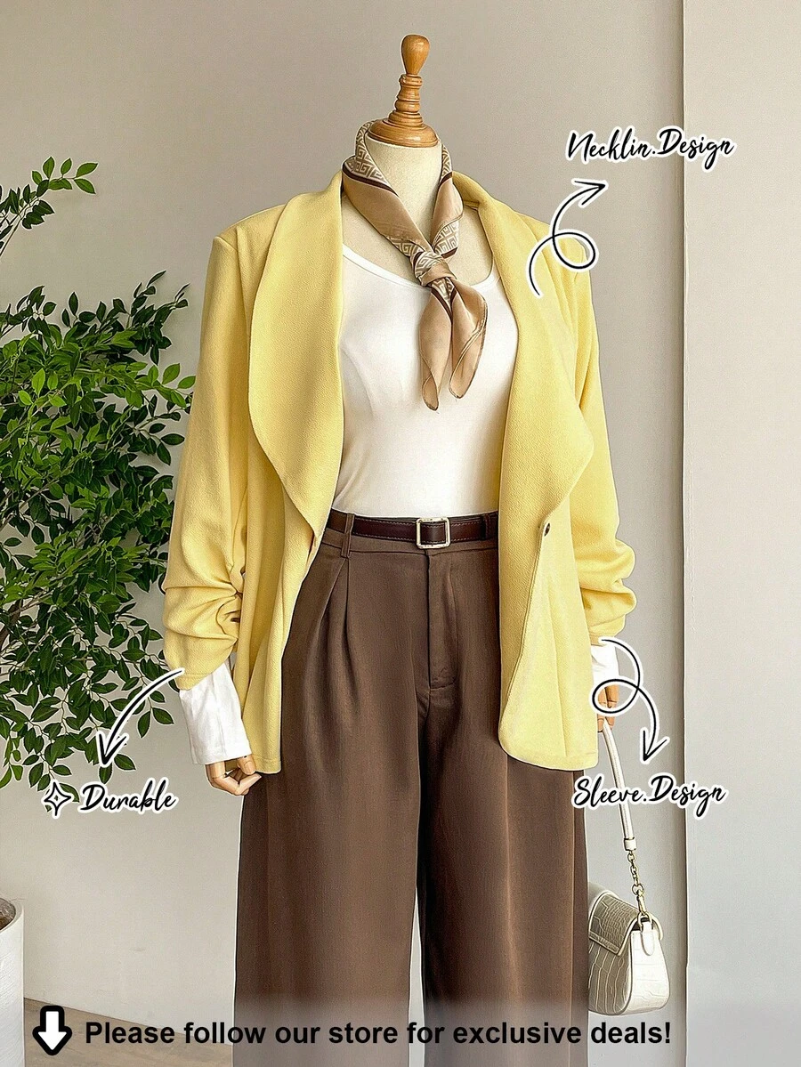 SHEIN LUNE 大码女士休闲纯色披肩领单扣西装外套,秋冬季适合女性日常穿着,优雅时尚,尽显职场女性魅力。这款外套舒适保暖,适合圣诞节、新年、感恩节、派对等各种场合。 - 黃色 - 查看 1