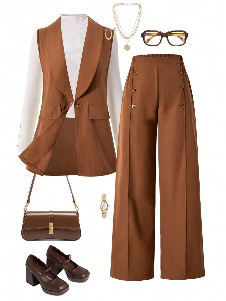 3pcs Casual Sleeveless Blazer Set (Including Long Sleeve Top And Pants) For Teen Girl Suitable For Daily Casual And Commuting Wear - Brown - View 1
