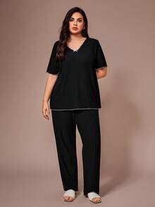 Lazeform Comfortable Ribbed Knit Casual Plus Size Pajama Set - Black - View 3