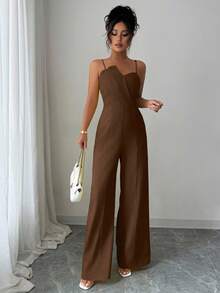 Selianne 女士纯色蕾丝抹胸设计收腰阔腿优雅连体裤，适合通勤和日常穿着 - 巧克力棕 - 查看 6