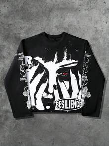 ROMWE MEN Street Life Men's Street American Dark Beauty Woman Face English Graphic Print Long Sleeve T-Shirt, Fall - Black - View 5