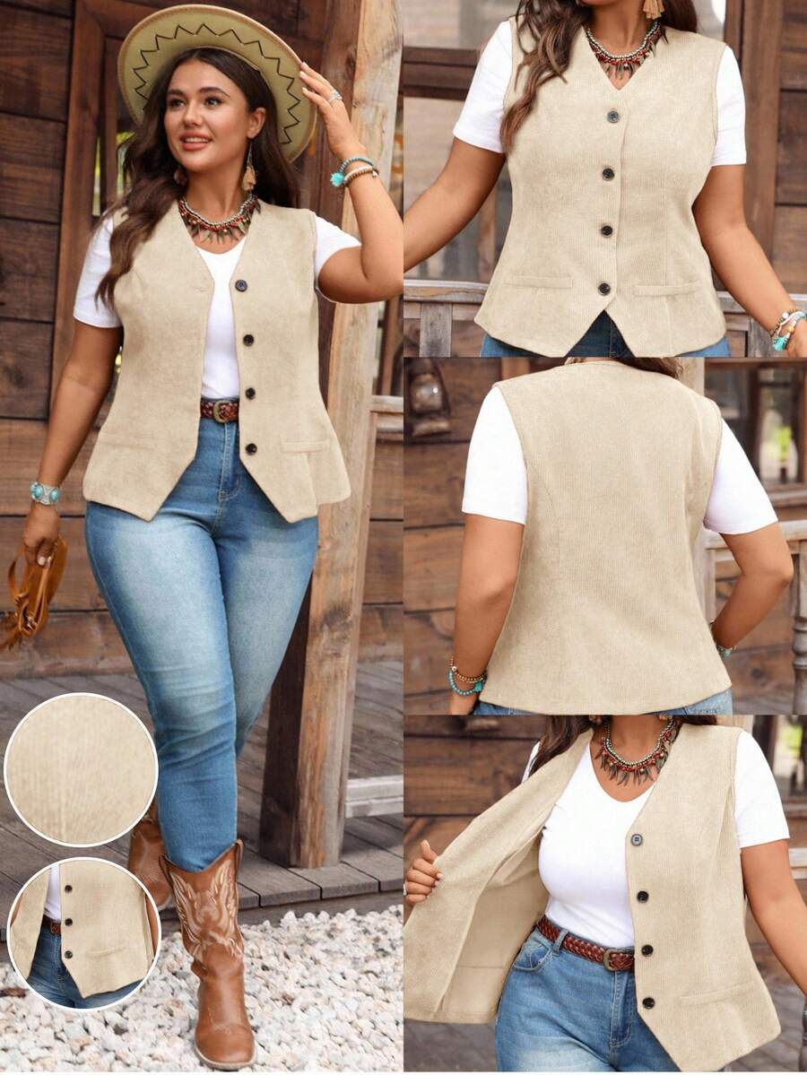 EMERY ROSE 秋季大码女式纯色单排扣休闲灯芯绒背心夹克 - 杏色 - 查看 1