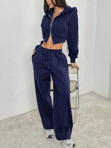 SHEIN PETITE Conjunto de dos piezas de sudadera con capucha y pantalón de chándal gris sólido casual para mujer