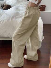 Livesso Solid Color Elastic Waist Patchwork Straight Leg Pants Fall