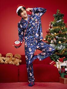 2件套圣诞主题印花卡通趣味圣诞老人缎面舒适家居睡衣套装，礼盒包装，内含拐杖糖、铃铛、雪花、雪人图案，适合家庭聚会、男士睡衣、秋冬服装 - 彩色 - 查看 1