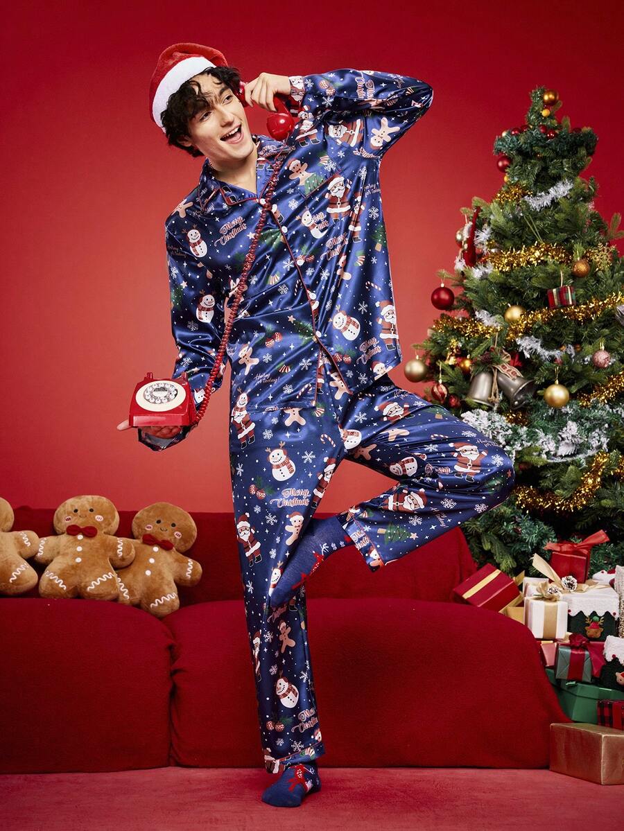 2件套圣诞主题印花卡通趣味圣诞老人缎面舒适家居睡衣套装，礼盒包装，内含拐杖糖、铃铛、雪花、雪人图案，适合家庭聚会、男士睡衣、秋冬服装 - 彩色 - 查看 1