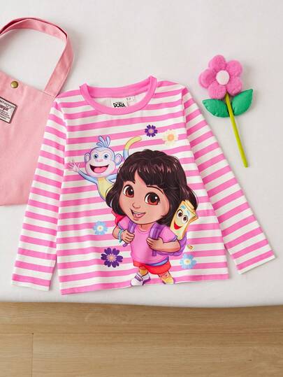 DORA | SHEIN Jeune fille T-shirt tricoté à manches longues col rond rose et blanc avec motifs de singe, de fleurs et de rayures