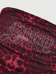 ROMWE Spring/Summer 2pcs Women's Sexy Set - Rhinestone Letter & Leopard Print Bandeau Crop Top And Drawstring Pants - Red - View 10
