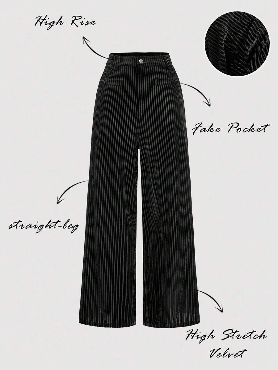 SHEIN MOD Women's Fashion Casual Striped Print Straight Leg Pants,Autumn/Winter,Halloween ,Christmas Party ,New Year Women's ,Thanksgiving,Casual For Women ,Black Velvet Pants,Casual Pants,Zip Up - Black - View 1