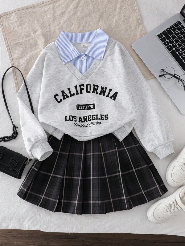 SHEIN Girls Fashionable Loose Casual Collared Top + Striped Plaid Versatile A-Line Skirt, School Style