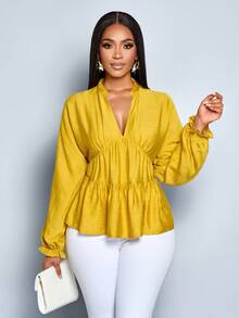 SOLERSUN Vêtements pour femmes automne/hiver, décontractés pour tous les jours, élégants pour le travail, en tissu tissé, manches longues, poignets élastiques, volants froncés, col bateau, col en V, froncé déchiré, ourlet ample, hauts et chemises