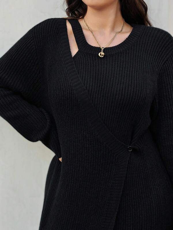 Vionelle Plus Size Sweater Dresses Black Elegant Dress Winter Dress Long Sleeve Elegant Dress Asymmetrical Dress