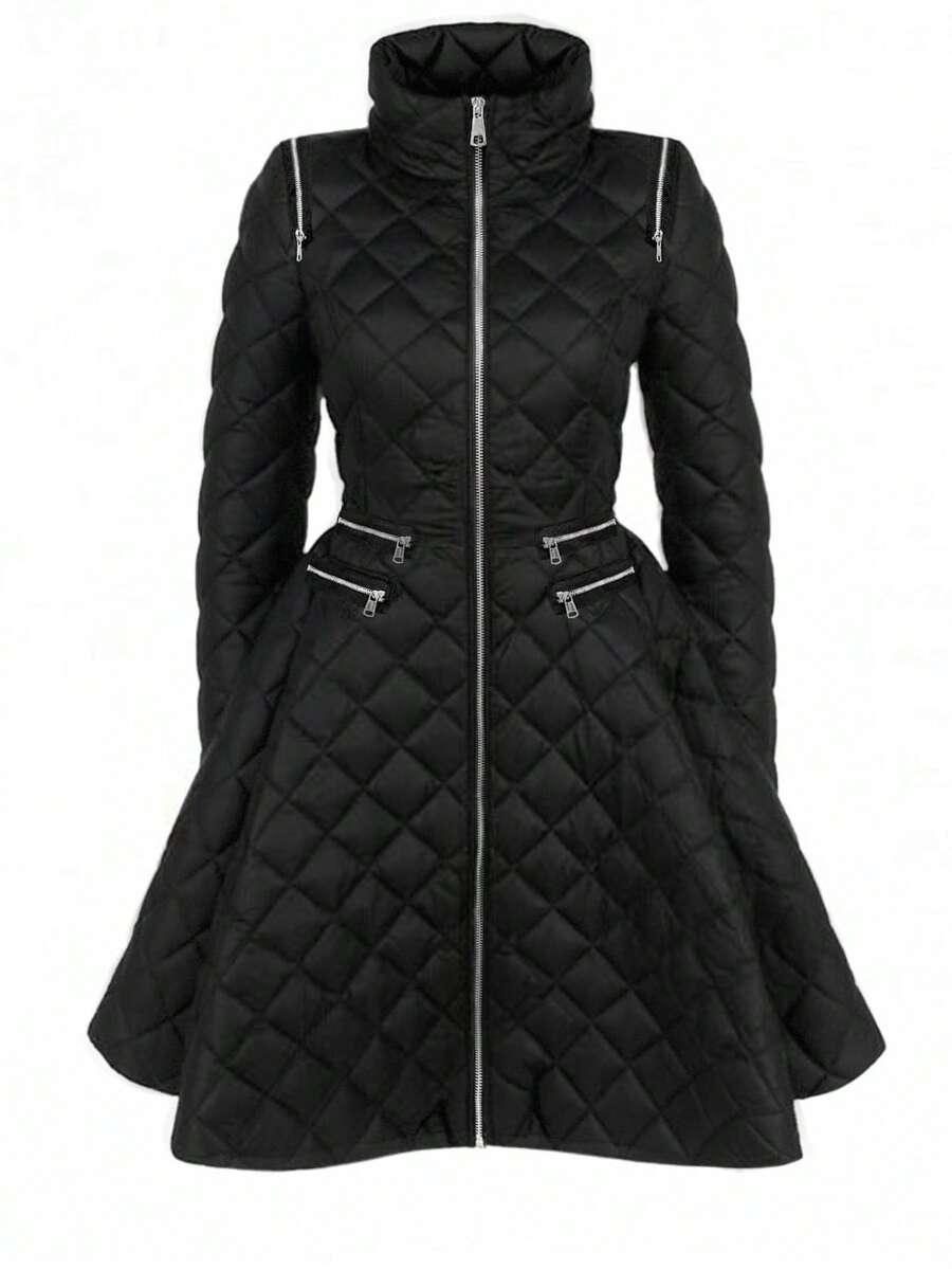 Rometta Plus Size Women Thick Padded Diamond Plaid Padded Coat, Versatile Waist Cinched, Winter